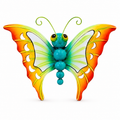 A colorful butterfly sculpture with a turquoise body, green antennae, and wings that transition from yellow and orange to white, shown on a plain white background.