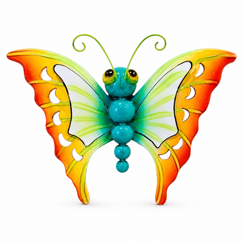 A colorful butterfly sculpture with a turquoise body, green antennae, and wings that transition from yellow and orange to white, shown on a plain white background.
