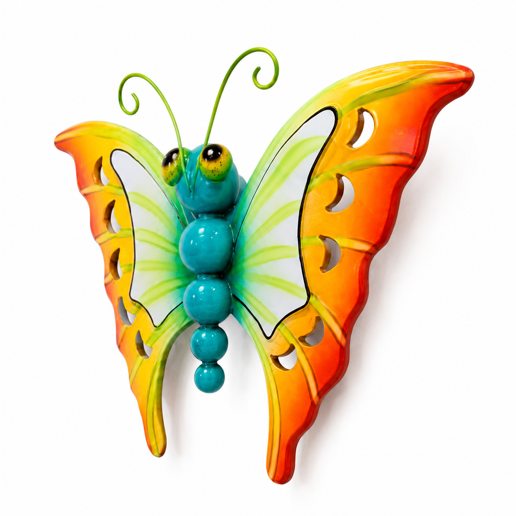 A colorful butterfly wall decor sculpture with a turquoise bead-like body, green antennae, and wings that transition from yellow and orange to white, shown against a plain white background.