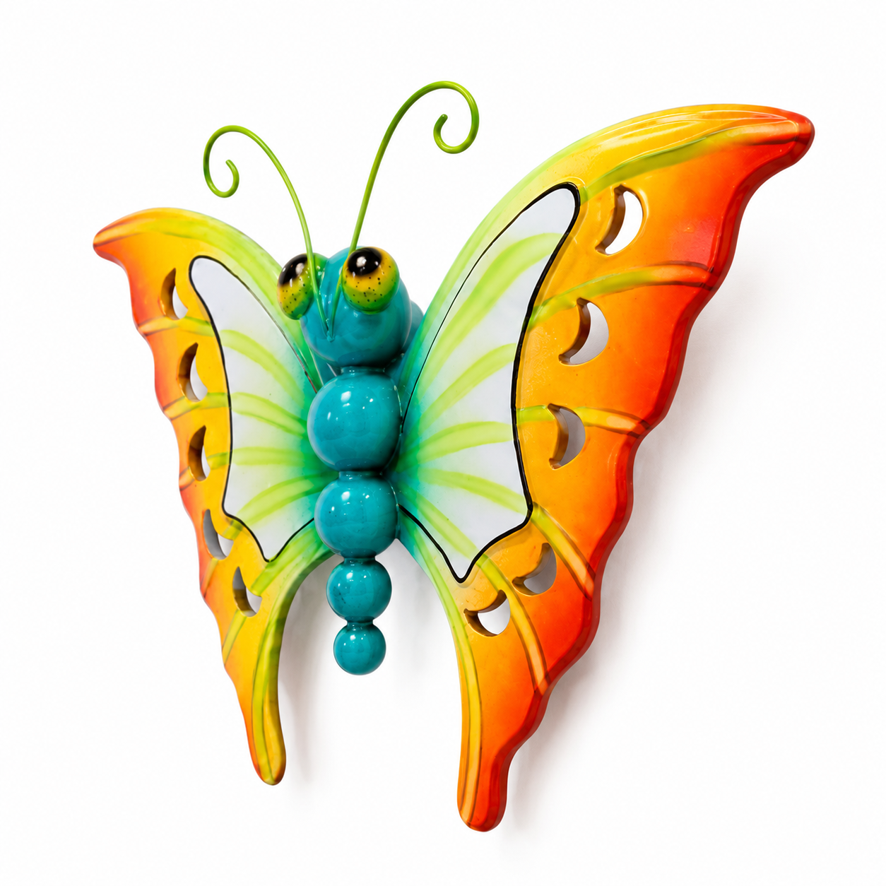 A colorful butterfly wall decor sculpture with a turquoise bead-like body, green antennae, and wings that transition from yellow and orange to white, shown against a plain white background.