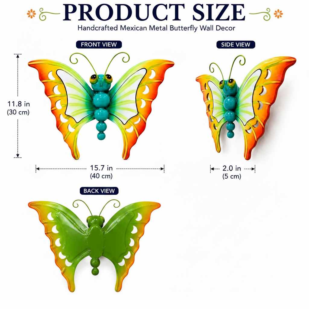 Product size diagram for a handcrafted Mexican metal butterfly wall decor, showing front, side, and back views with dimensions, weight, and a size & weight legend on a white background.