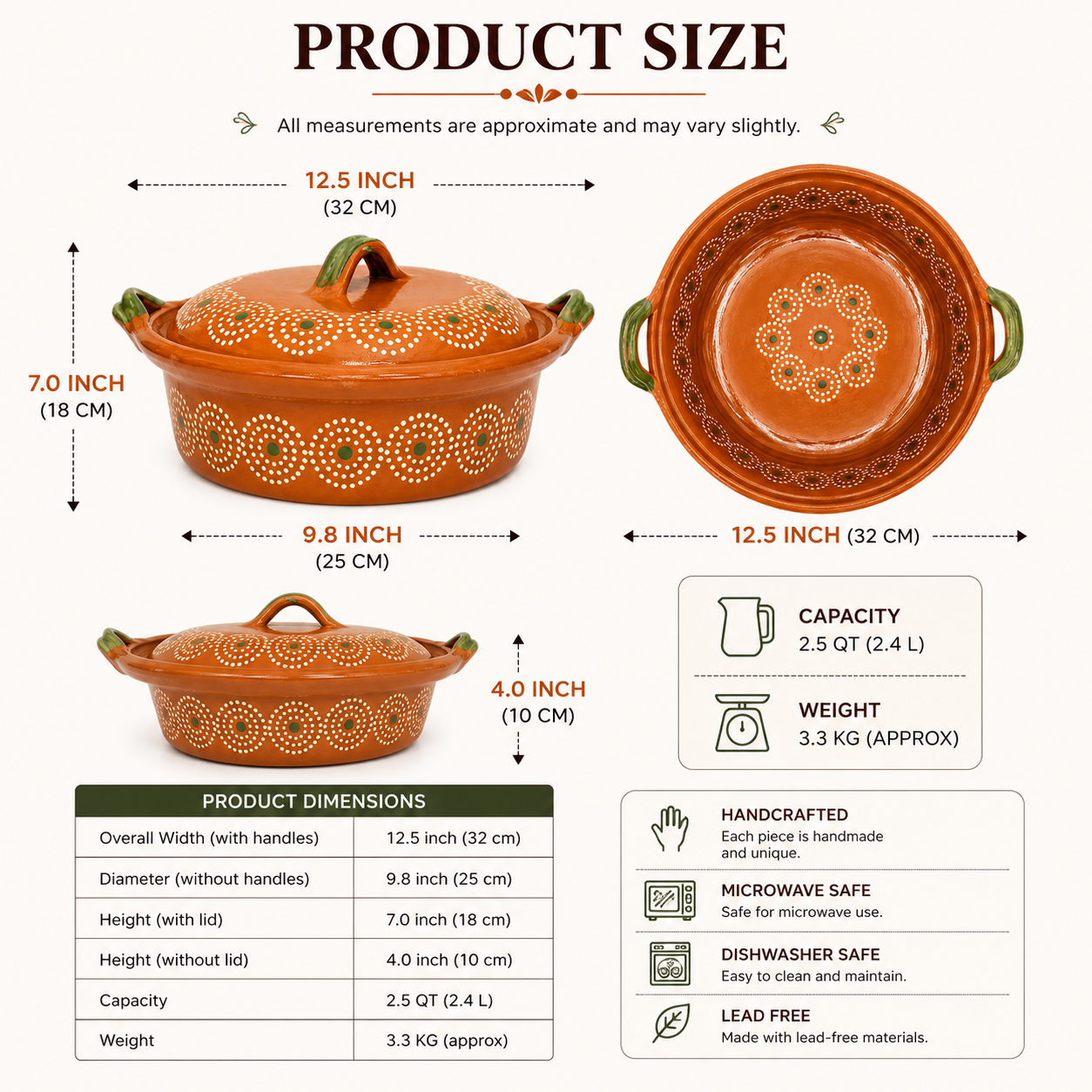 Product size and dimensions chart for a handcrafted terracotta casserole dish with lid, shown from multiple angles with measurements, capacity, weight, and feature icons on a white background.