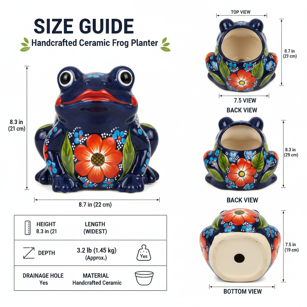 Size guide infographic for a handcrafted ceramic frog planter, showing front, top, back, and bottom views with dimensions, plus a material and care icon legend on a white background.