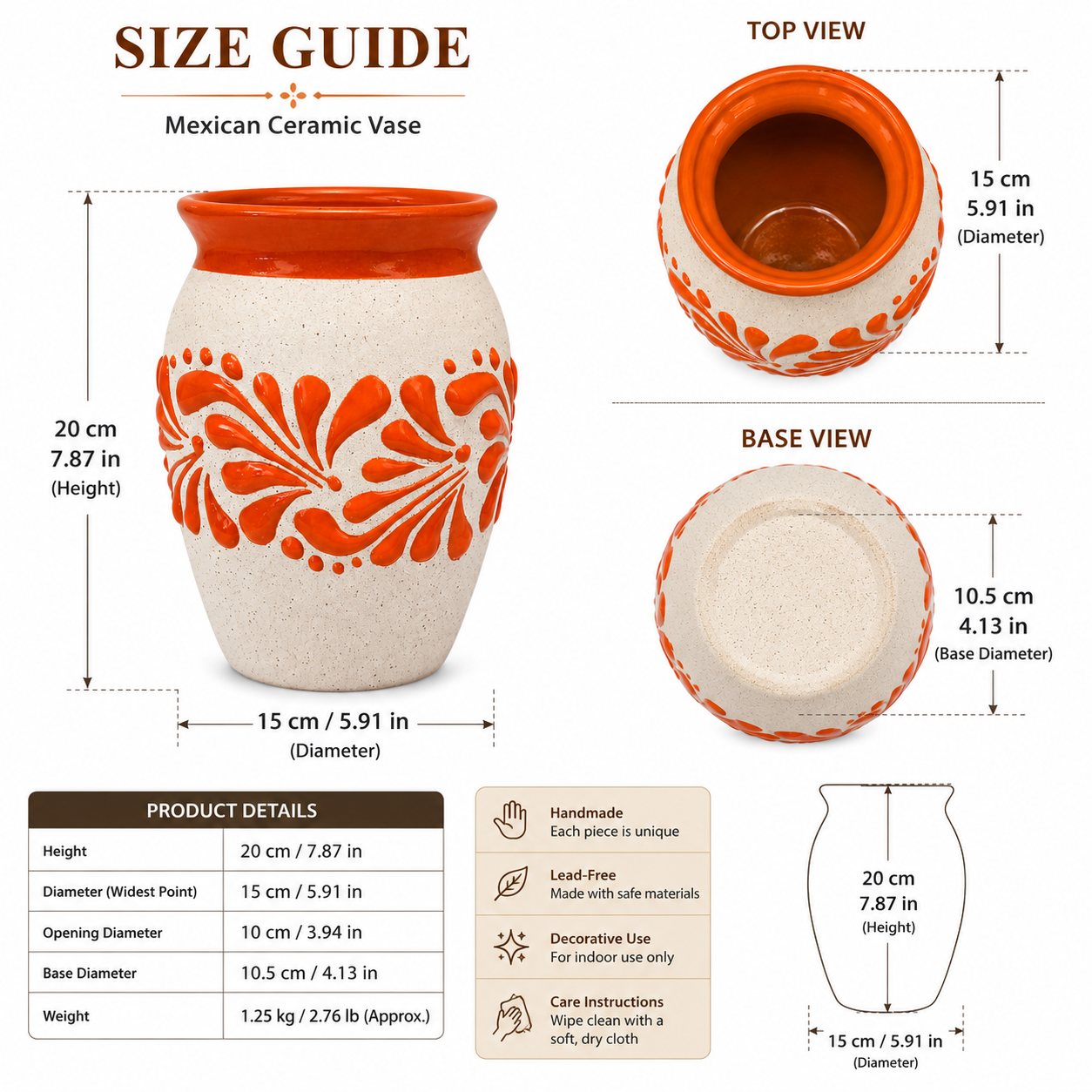 Size guide and product details for a Mexican ceramic vase, showing top, base, and side views with dimensions, plus a product details table and care instructions on a white background.