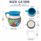 Size guide diagram for a handcrafted Mexican ceramic pitcher, showing top, bottom, and front views with dimensions and measurements in centimeters and inches on a white background.