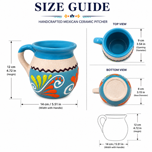 Size guide diagram for a handcrafted Mexican ceramic pitcher, showing top, bottom, and front views with dimensions and measurements in centimeters and inches on a white background.