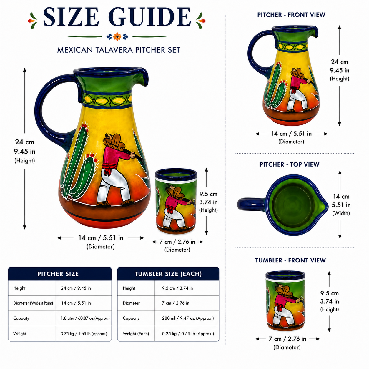 A size guide infographic for a Mexican Talavera pitcher and tumbler set, showing labeled front, top, and side views with dimensions, plus capacity and weight tables at the bottom.