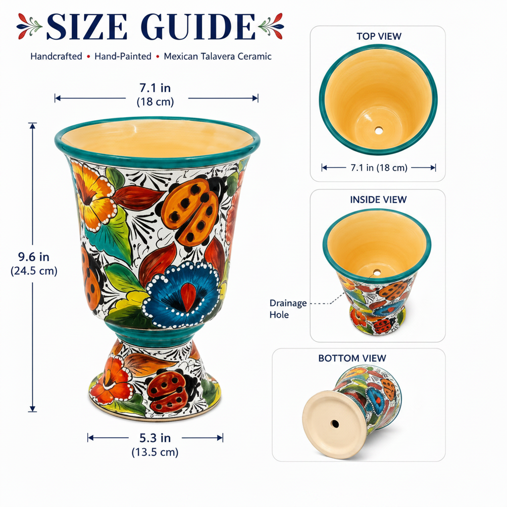 A size guide infographic for a hand-painted Mexican Talavera ceramic vase. The main product is shown on the left with dimension lines indicating a height of 9.