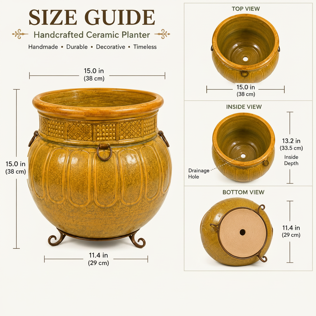 Size guide infographic for a handcrafted ceramic planter, showing a large front view with dimensions and smaller top, inside, and bottom views with measurements on a white background.
