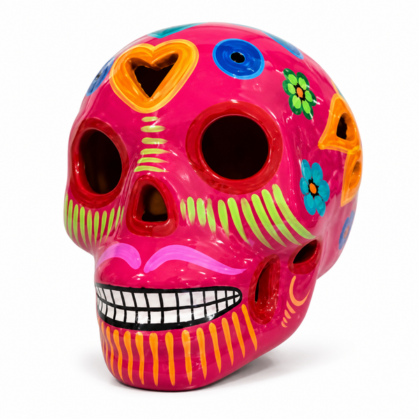 A vibrant pink ceramic sugar skull decorated with colorful floral and geometric patterns, set against a plain white background.