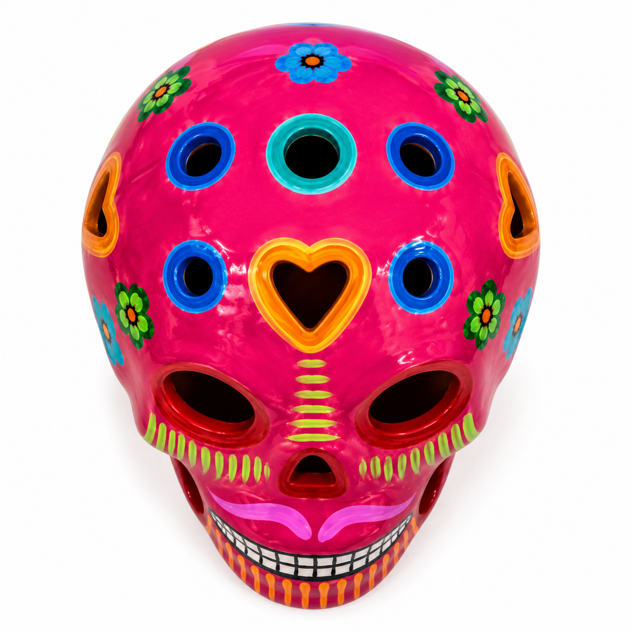 A vibrant pink skull with colorful floral and geometric Day of the Dead style decorations, shown on a plain white background.