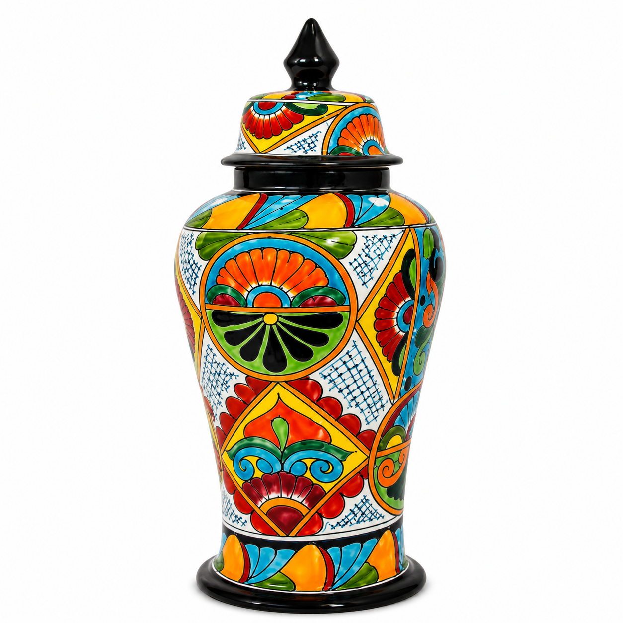 A hand-painted ceramic lidded jar with a vibrant, multicolor Mediterranean style pattern featuring red, orange, yellow, green, and blue motifs on a white background, set against a plain white studio backdrop.