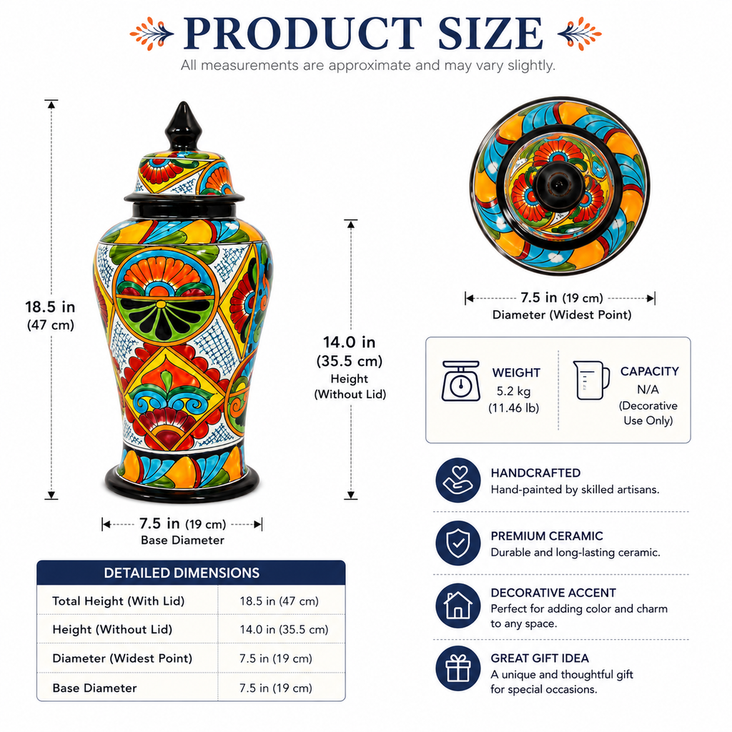 Product size chart for a hand-painted ceramic decorative jar with lid, showing dimensions, weight, capacity, and feature icons on a white background.