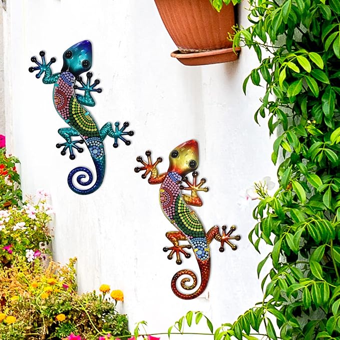 Handcrafted Metal and Glass Gecko Wall Art Set (2-Piece)