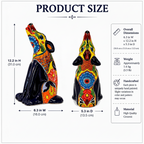 Product size chart for a hand-painted Mexican-style ceramic dog figurine, showing two views of the dog with dimensions, weight, and product features on a white background.