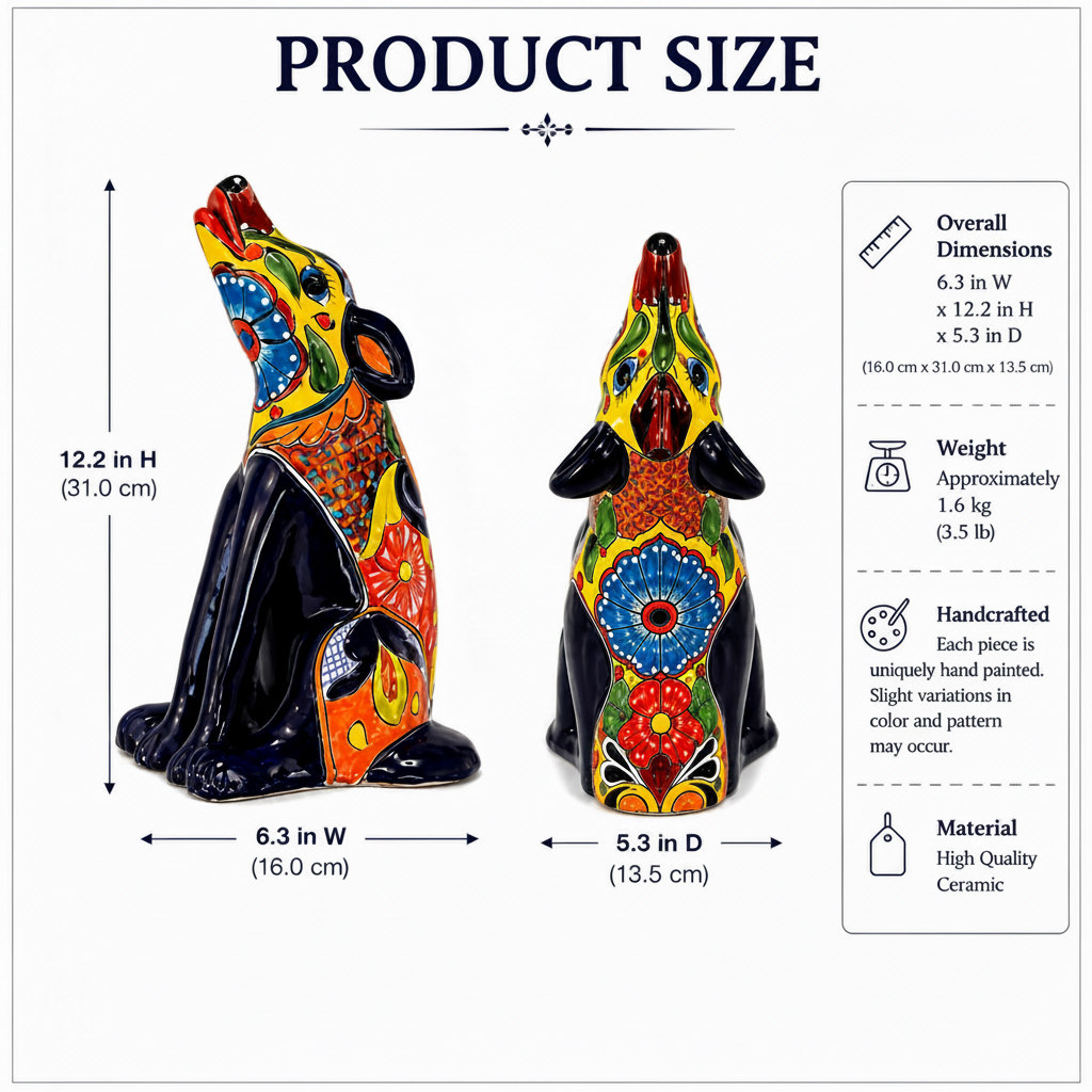 Product size chart for a hand-painted Mexican-style ceramic dog figurine, showing two views of the dog with dimensions, weight, and product features on a white background.