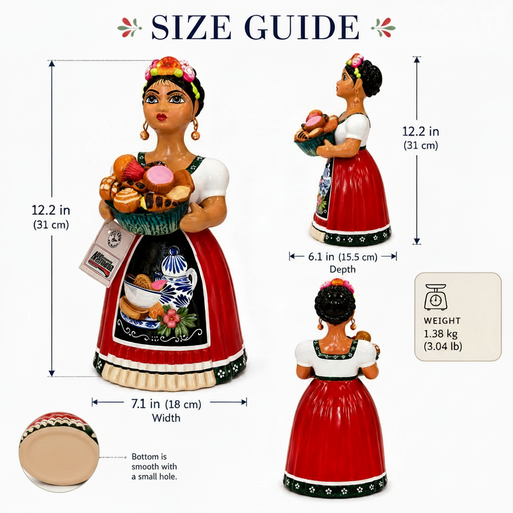 Size guide infographic for a hand-painted ceramic folk art figurine of a woman in a traditional red dress holding fruit. The image shows three views of the figurine with dimension lines indicating height, width, and depth, along with weight and material information on a white background.