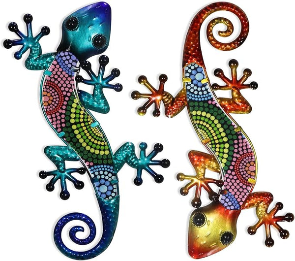 Handcrafted Metal and Glass Gecko Wall Art Set (2-Piece)