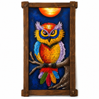 A framed metal wall art piece depicting a colorful owl perched on a branch against a deep blue night sky with a glowing orange sun. The artwork is housed in a rustic dark brown wooden frame with corner brackets, shown against a plain white background.