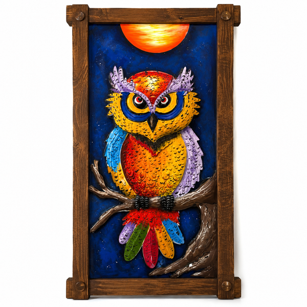 A framed metal wall art piece depicting a colorful owl perched on a branch against a deep blue night sky with a glowing orange sun. The artwork is housed in a rustic dark brown wooden frame with corner brackets, shown against a plain white background.