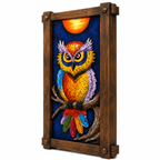 A 3D metal wall art piece featuring a colorful owl perched on a branch in front of a starry night sky and a bright sun, housed in a rustic dark brown wooden frame.