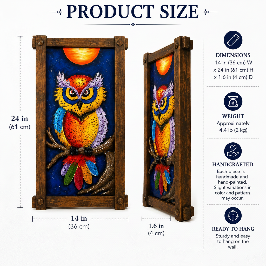 Product size chart for a handcrafted wooden owl wall art piece, showing front and side views with dimensions, weight, and features on a white background.