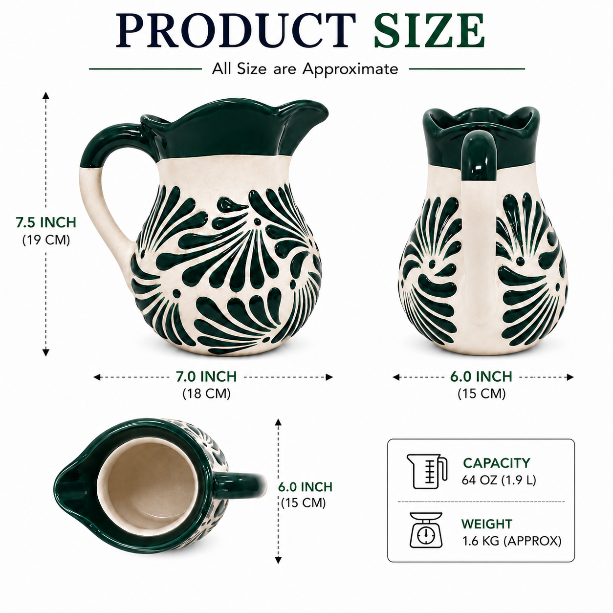 Product size chart for a ceramic pitcher, showing three views with dimensions: front, side, and top-down. The pitcher has a dark green and cream floral pattern, with text listing approximate capacity of 64 oz and weight of 1.
