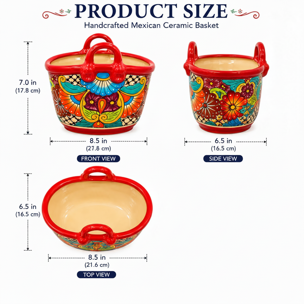 Product size chart for a handcrafted Mexican ceramic basket, showing front, side, and top views with dimensions, plus a size and weight summary and care instructions on a white background.