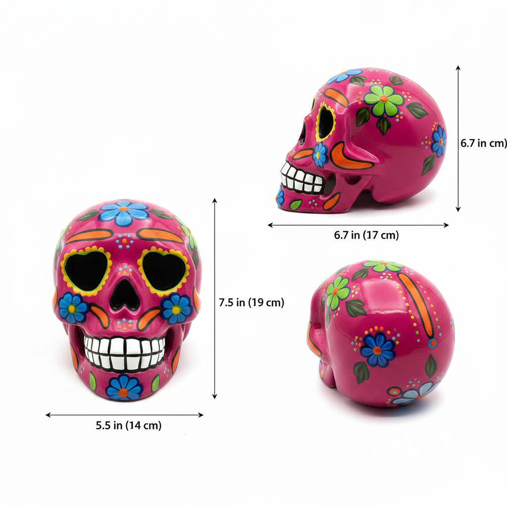 Product size chart for a handcrafted Mexican ceramic sugar skull, showing three views with dimensions (7.5 in height, 5.