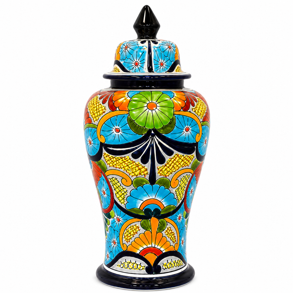 A hand-painted ceramic lidded jar with a vibrant, multicolored floral pattern on a white background.
