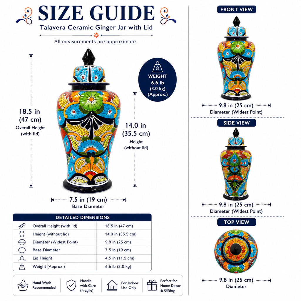 A size guide infographic for a Talavera Ceramic Ginger Jar with Lid, showing front, side, and top views with detailed dimensions, weight, and a care/usage icon table on a white background.