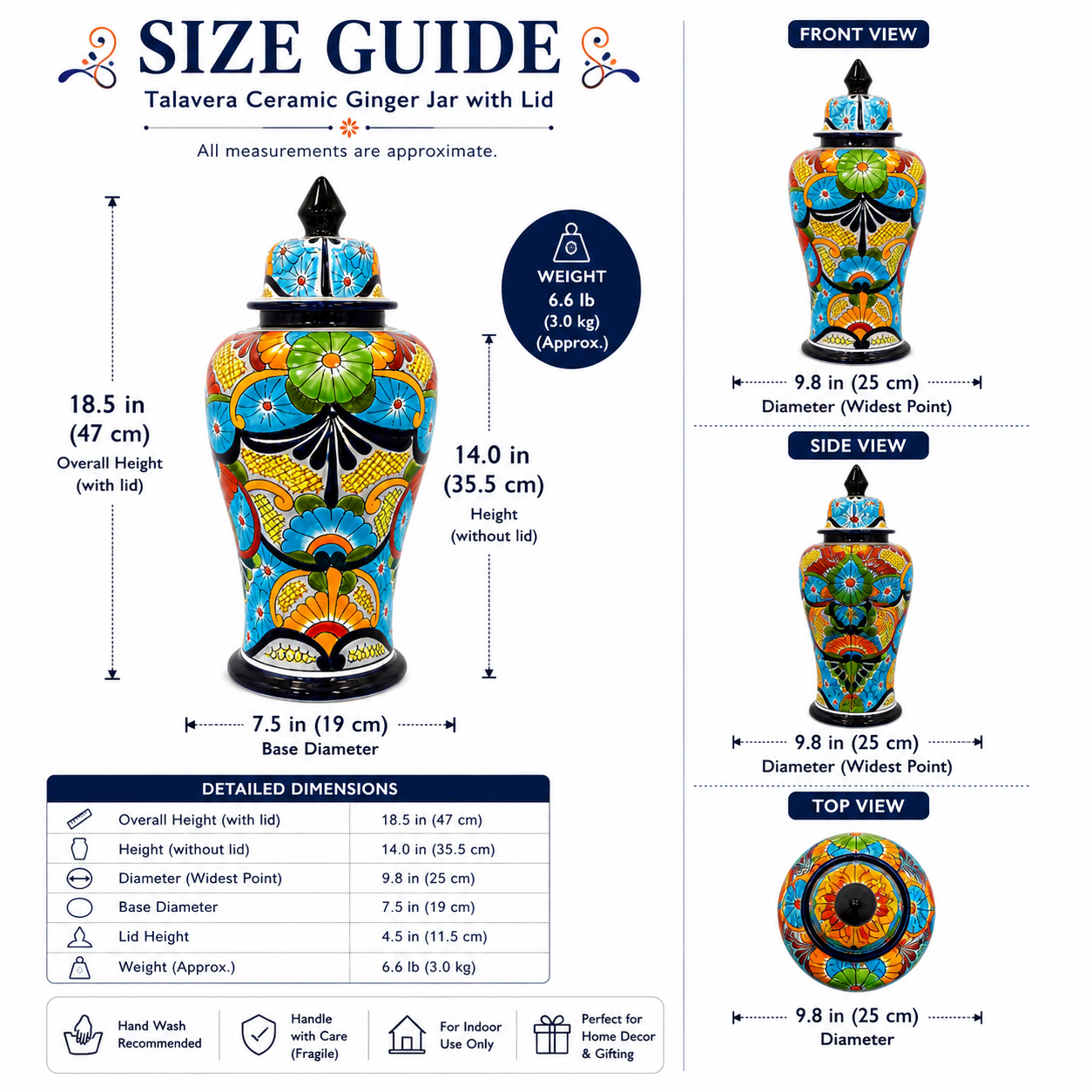 A size guide infographic for a Talavera Ceramic Ginger Jar with Lid, showing front, side, and top views with detailed dimensions, weight, and a care/usage icon table on a white background.