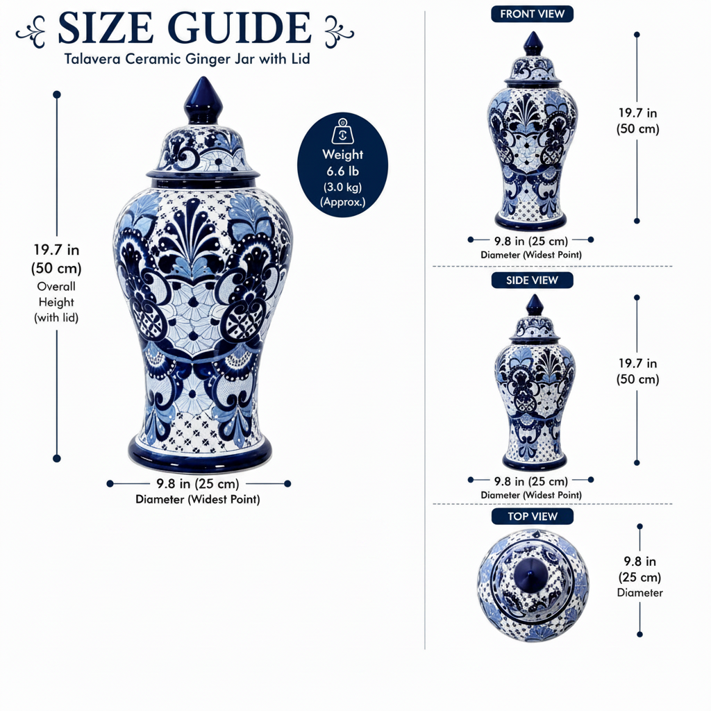 A size guide infographic for a Talavera Ceramic Ginger Jar with Lid, showing front, side, and top views with dimensions, weight, and care instructions on a white background.